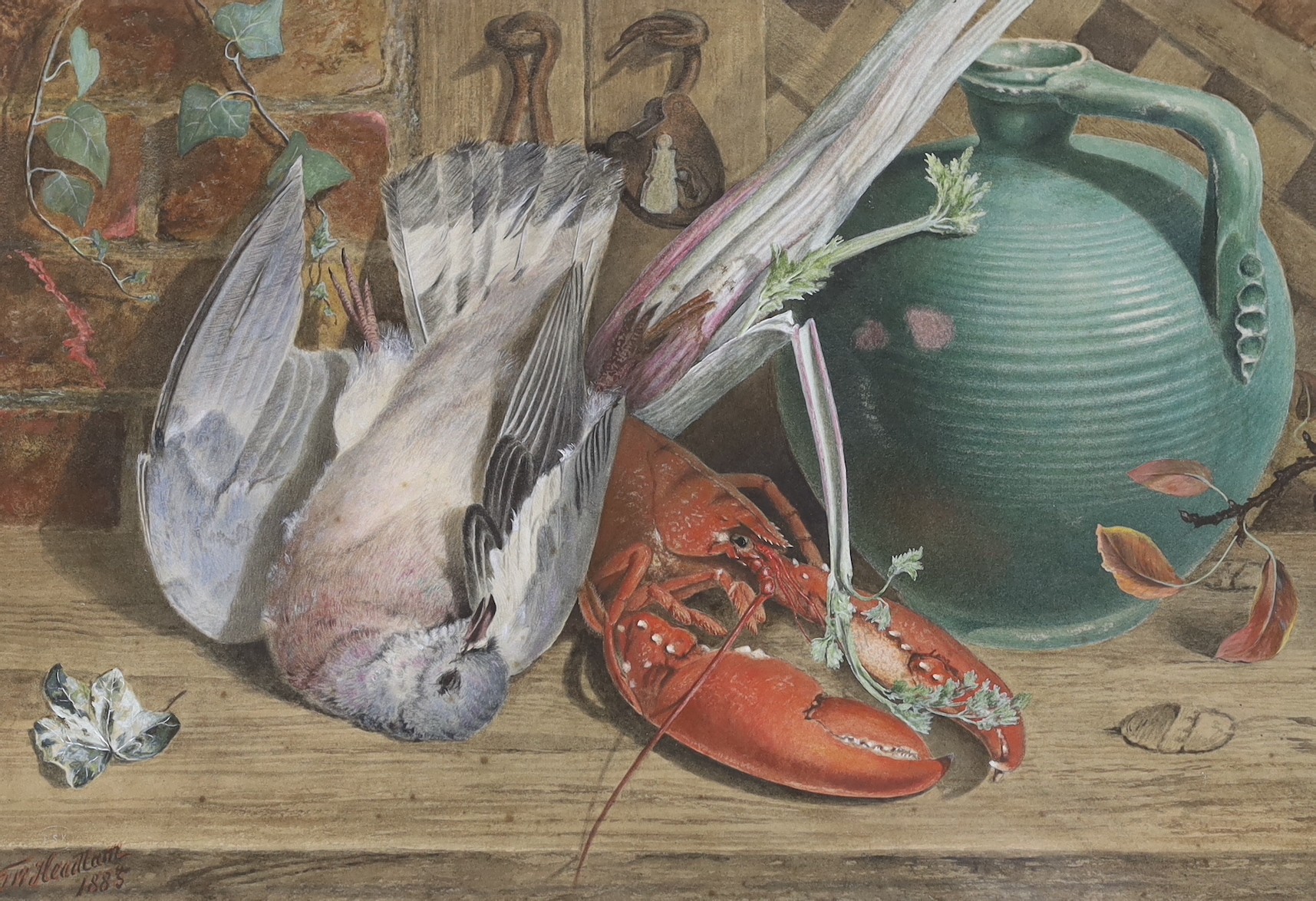 T.W. Headlam, watercolour, Still life of a dead pigeon, lobster and vase, signed and dated 1885, ESK stamp, 38 x 54cm